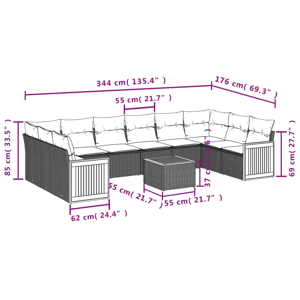 Set Divani da Giardino 11 pz con Cuscini in Polyrattan Nero 3228008