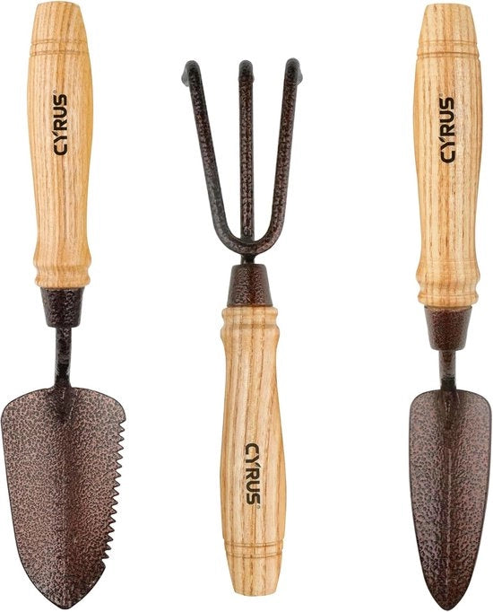 Set di attrezzi per giardinaggio - 3 pezzi - adatto per piante e manutenzione - legno