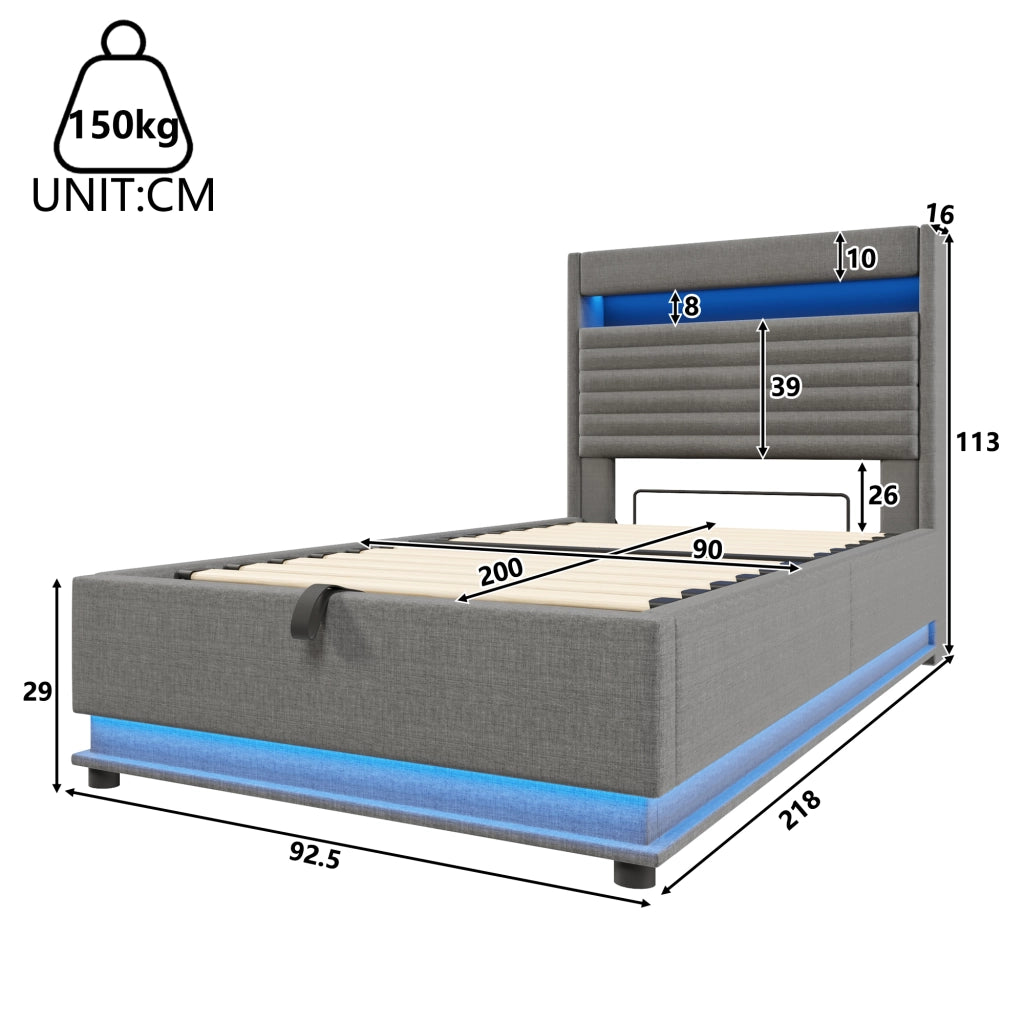 Letto imbottito 90x200 cm con contenitore idraulico, LED, porta USB e USB-C, tessuto lino, grigio, senza materasso