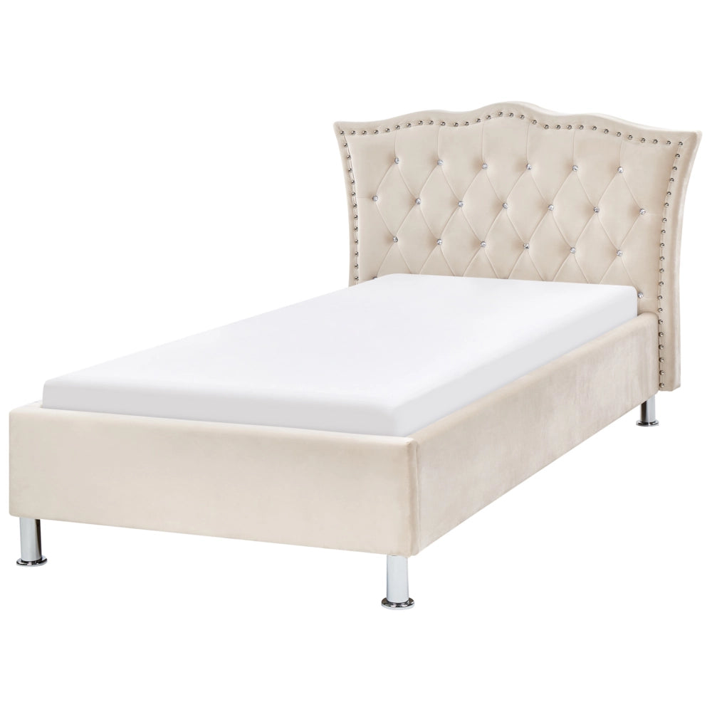 Letto singolo beige Velluto imbottito Telaio con decorazione rete a doghe Bottoni di cristallo Poggiatesta Camera da letto Moderna Glam
