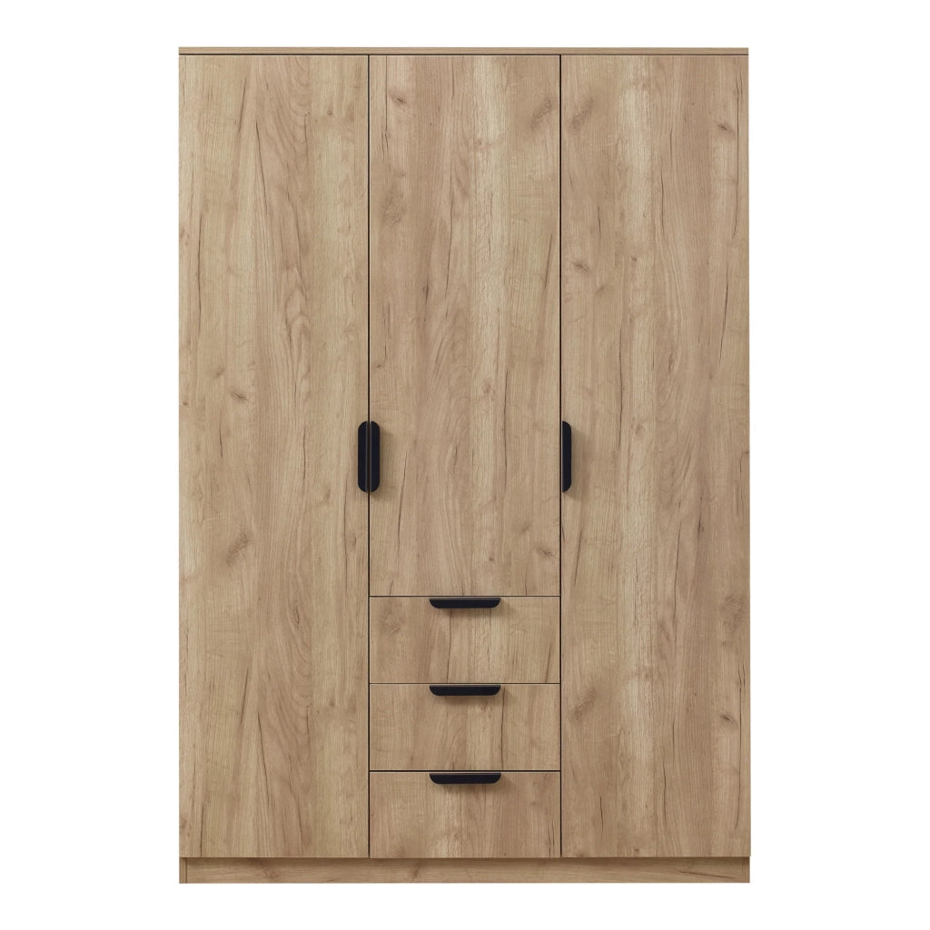 Armadio moderno per camera da letto mobile contenitore senza tempo con 2 aste appendiabiti 4 ripiani e 3 cassetti in MDF 176 x 120 x 52 cm effetto rovere 03_0006374