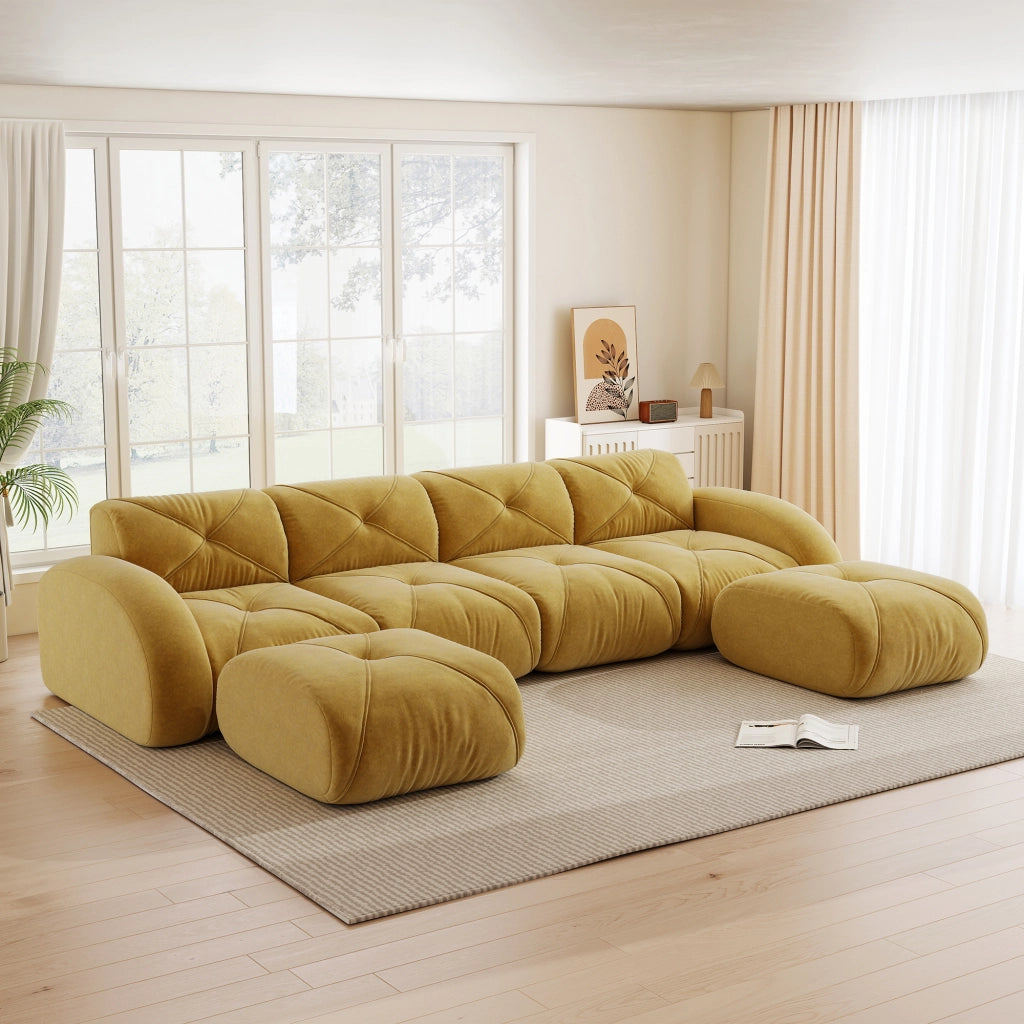 Divano modulare componibile a U 4 posti con 2 pouf in chenille senza struttura per soggiorno senza montaggio giallo