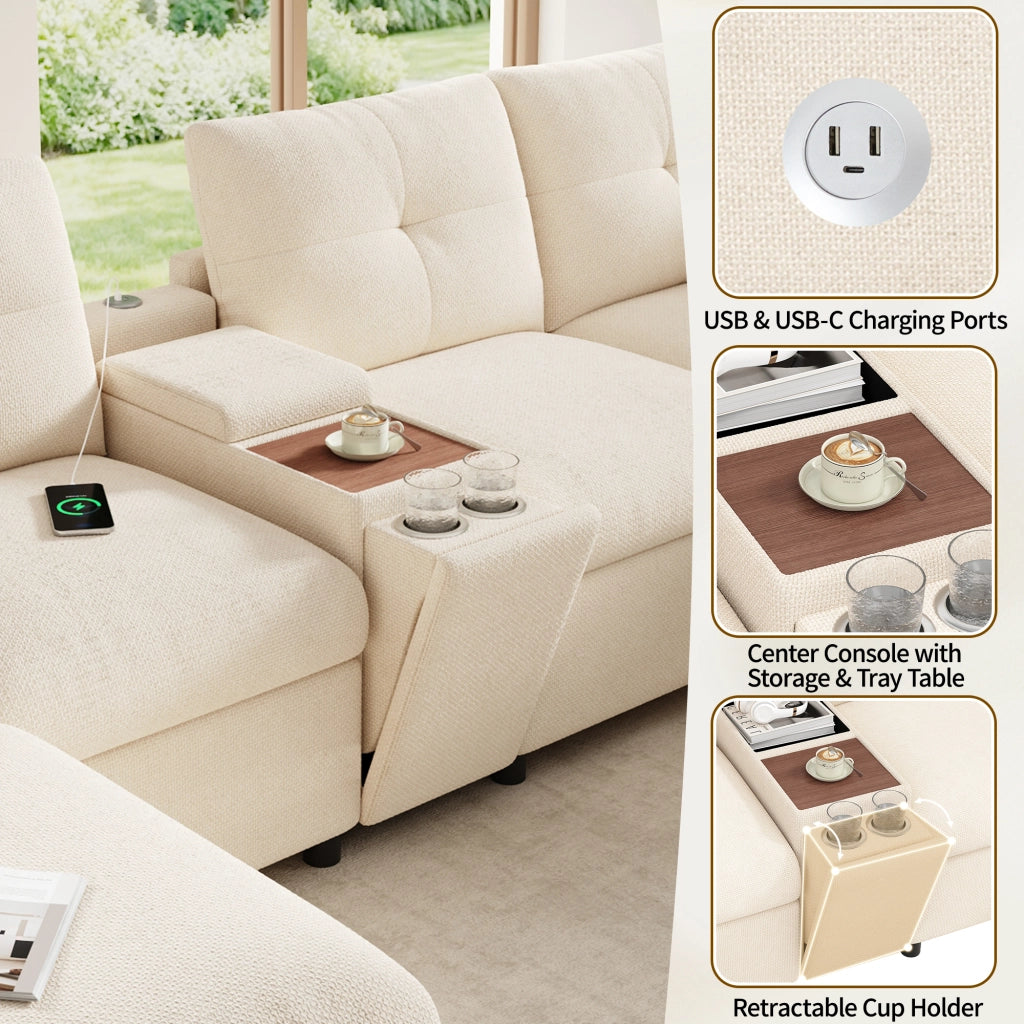 Divano angolare modulare 6 posti con 2 pouf contenitore e consolle centrale con USB e Type-C, in ciniglia beige