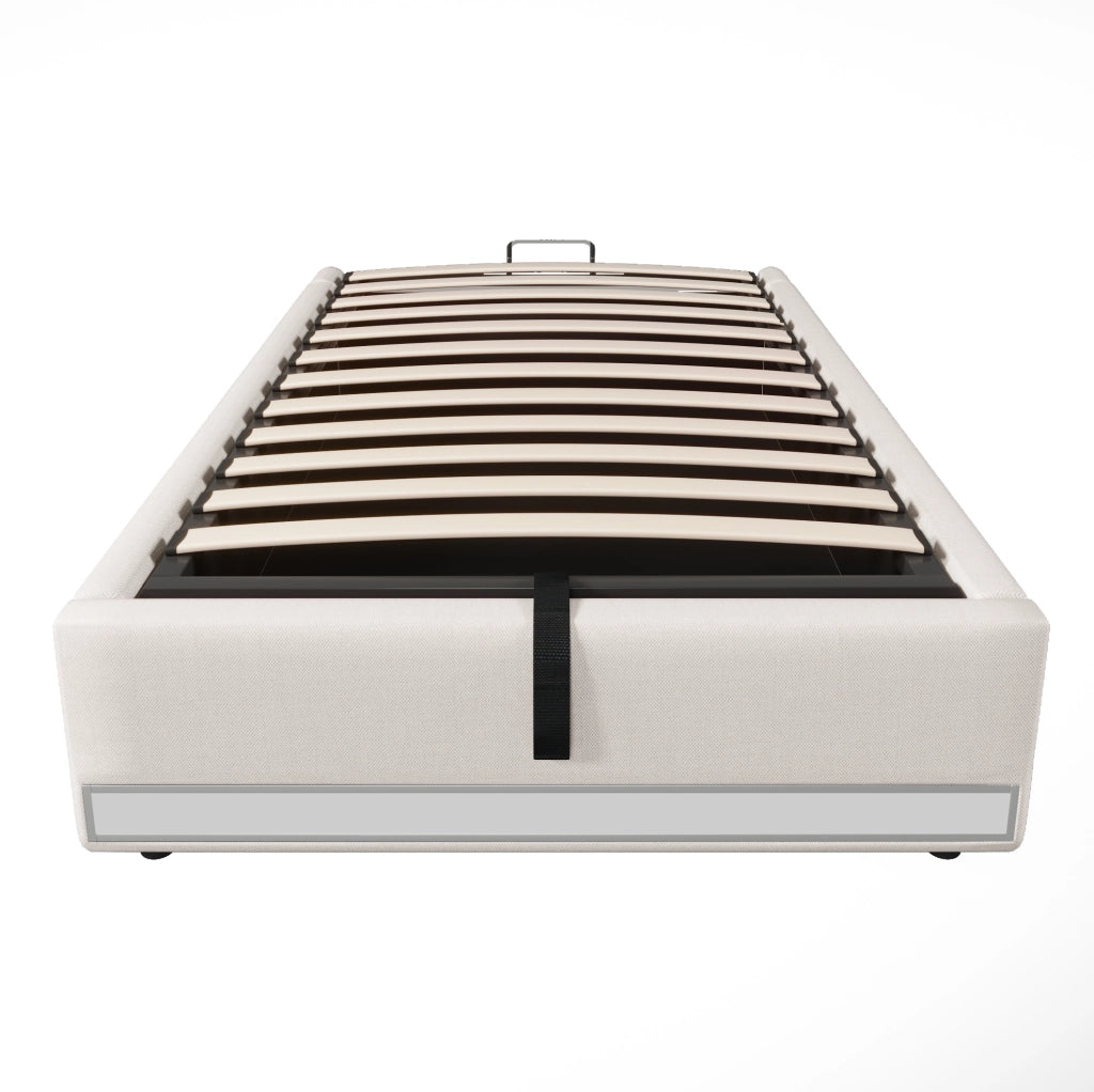 Letto imbottito 90x200 cm con LED; USB e Tipo-C; contenitore idraulico in lino beige