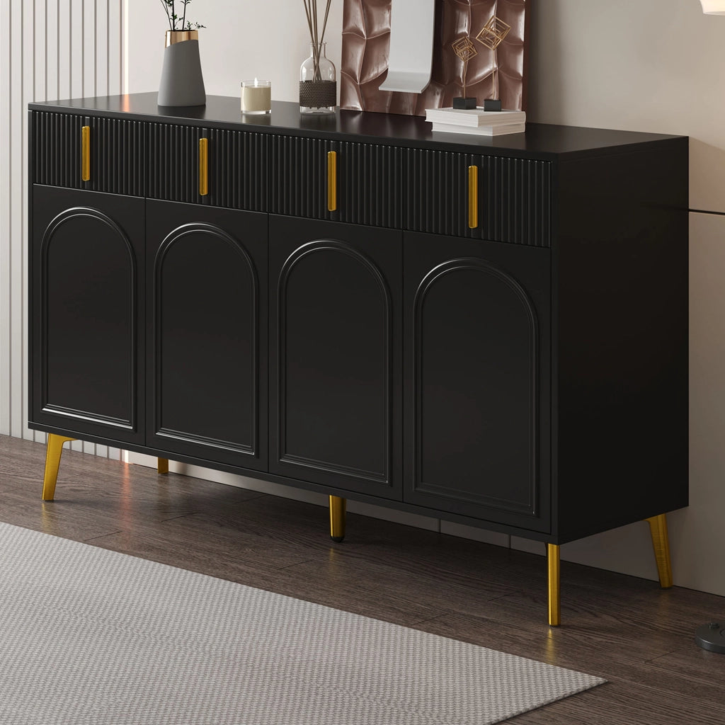 OKWISH Credenza con 4 Ante e 4 Cassetti, Ripiani Regolabili, per Soggiorno e Sala da Pranzo, MDF, Nero, 140 x 38 x 82 cm