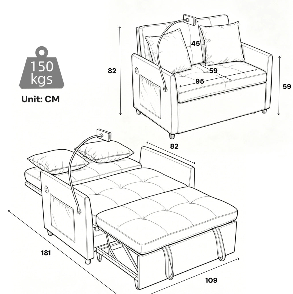 Divano in tessuto multifunzionale dal design moderno minimale con porta USB e supporto per tablet, dimensioni compatte