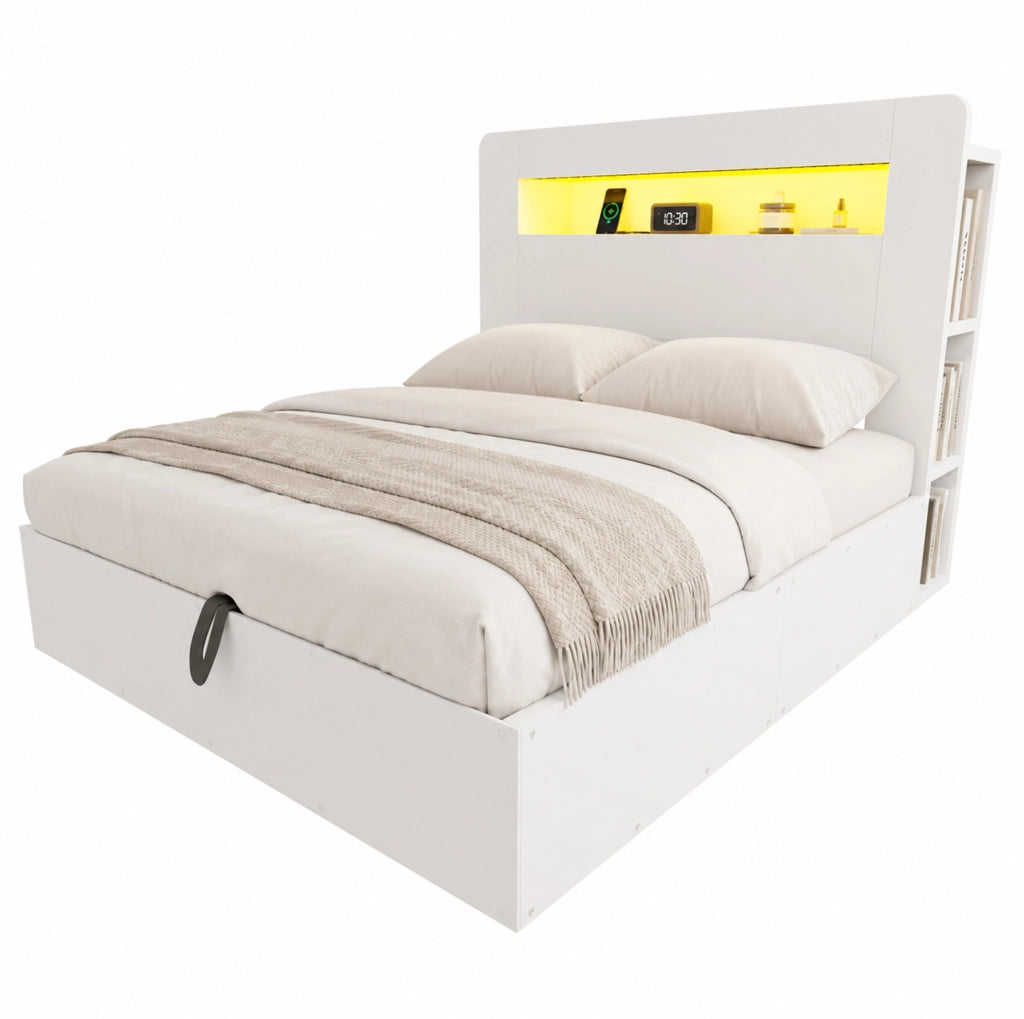 Letto contenitore 140x200 cm in legno con LED, prese integrate e testiera con vani