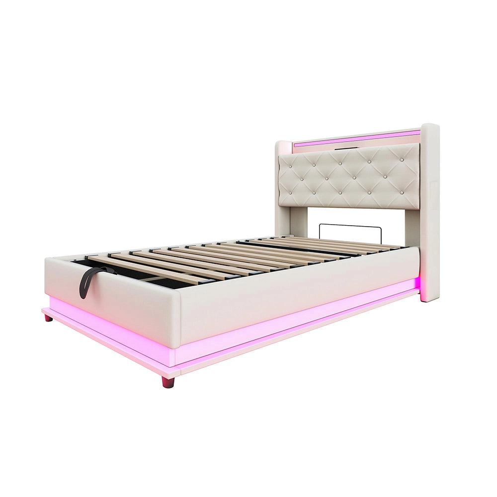 Letto bambino-Xylo-90x200 cm-LED RGB, USB, tasca telefono, lino beige