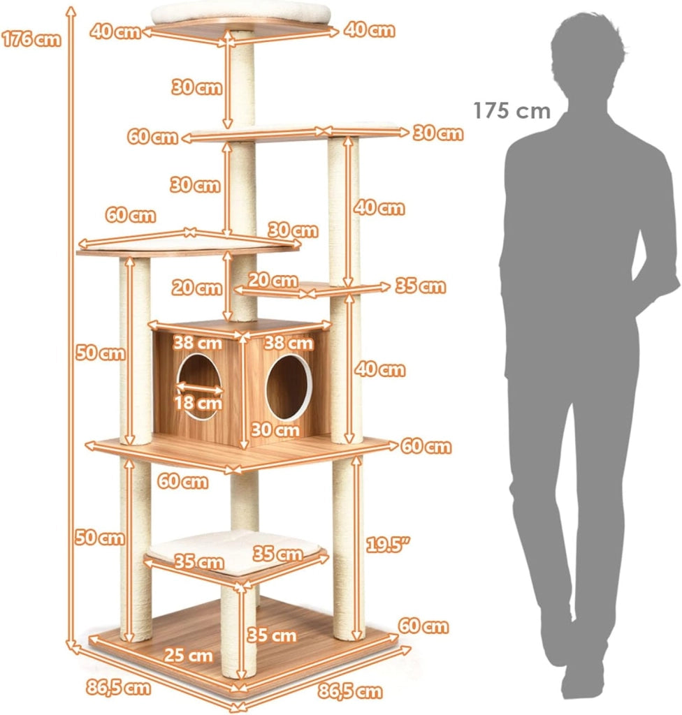 Tiragraffi per Gatti 176cm, Albero per Gatti Adulti XXL con Corda Sisal, Cuccia, Piattaforma e Cuscini, 86,5 x 86,5 x 176cm, Nero e Naturale