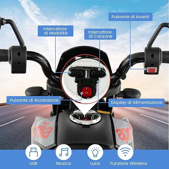 12V Aprilia Moto Cavalcabile per Bambini, Motocicletta Elettrica con Ruote Ausiliarie e Musica Wireless, Sospensione a Molla, Moto Elettrica alla Moda per Bambini 3-8 Anni (Blu)