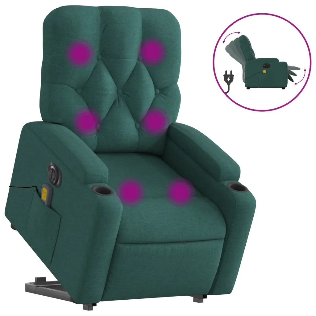 vidaXL Poltrona Alzapersona Massaggiante Elettrica Verde Scuro Tessuto