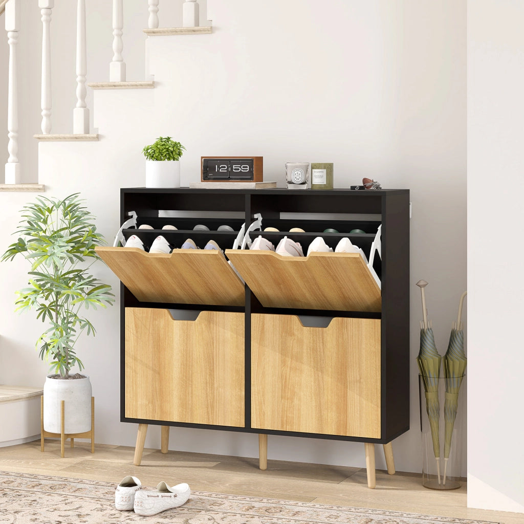 Cassettiera con 4 Cassetti e Ripiani Aggiustabili ¨C Zephmum ¨C 95x26x95 cm Legno Naturale e Nero