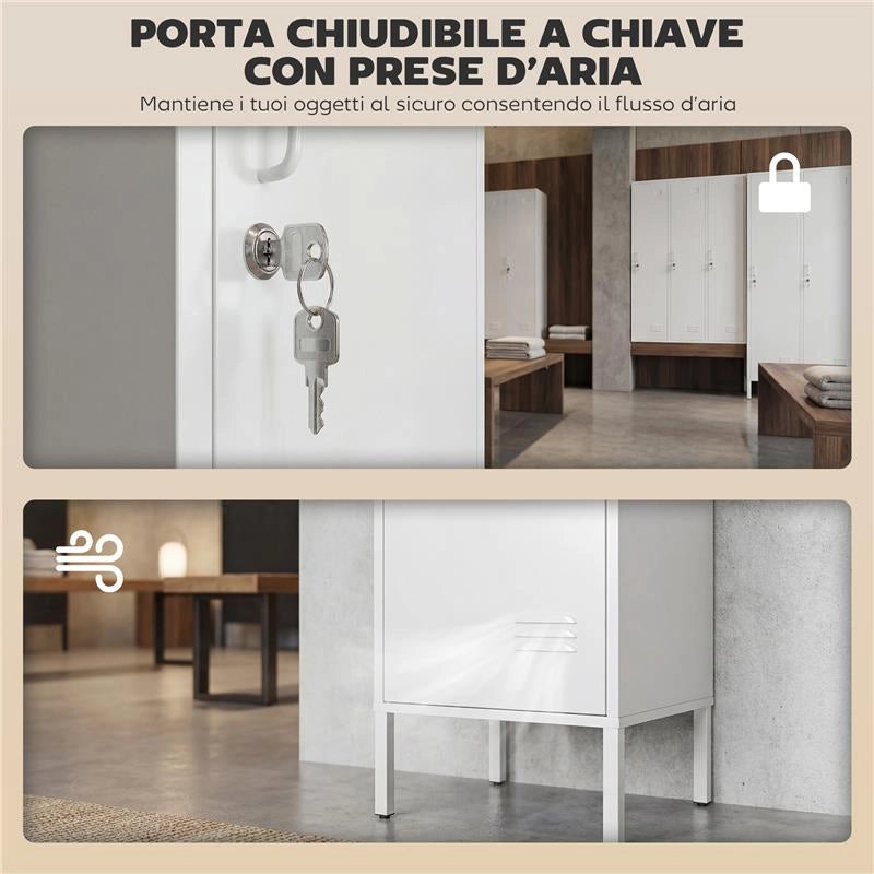 ARMADIO METALLICO CON PORTA CHIUDIBILE, PORTANOME E ASTA APPENDIABITI, 40X40X179 CM, BIANCO