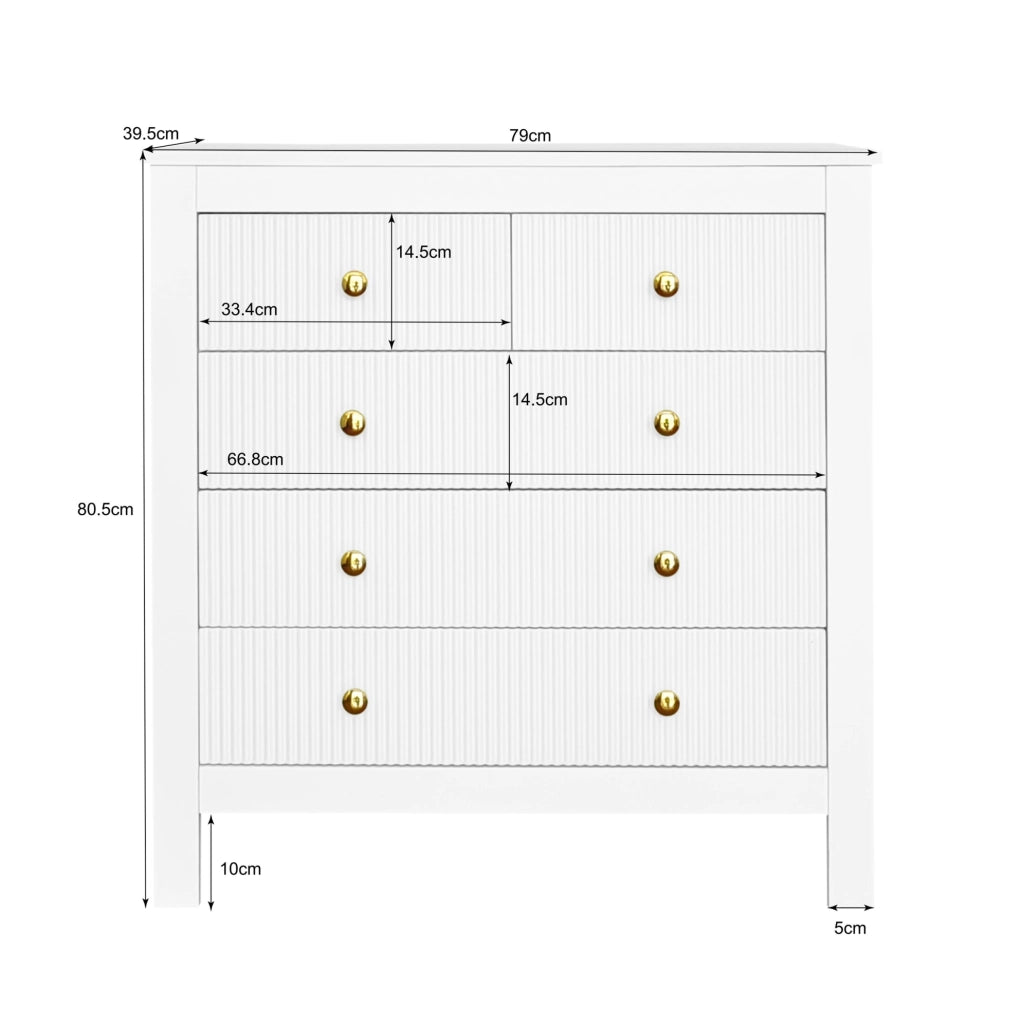 Credenza con 5 cassetti; superfici testurizzate e maniglie dorate; bianco 79 x 80;5 x 39;5 cm