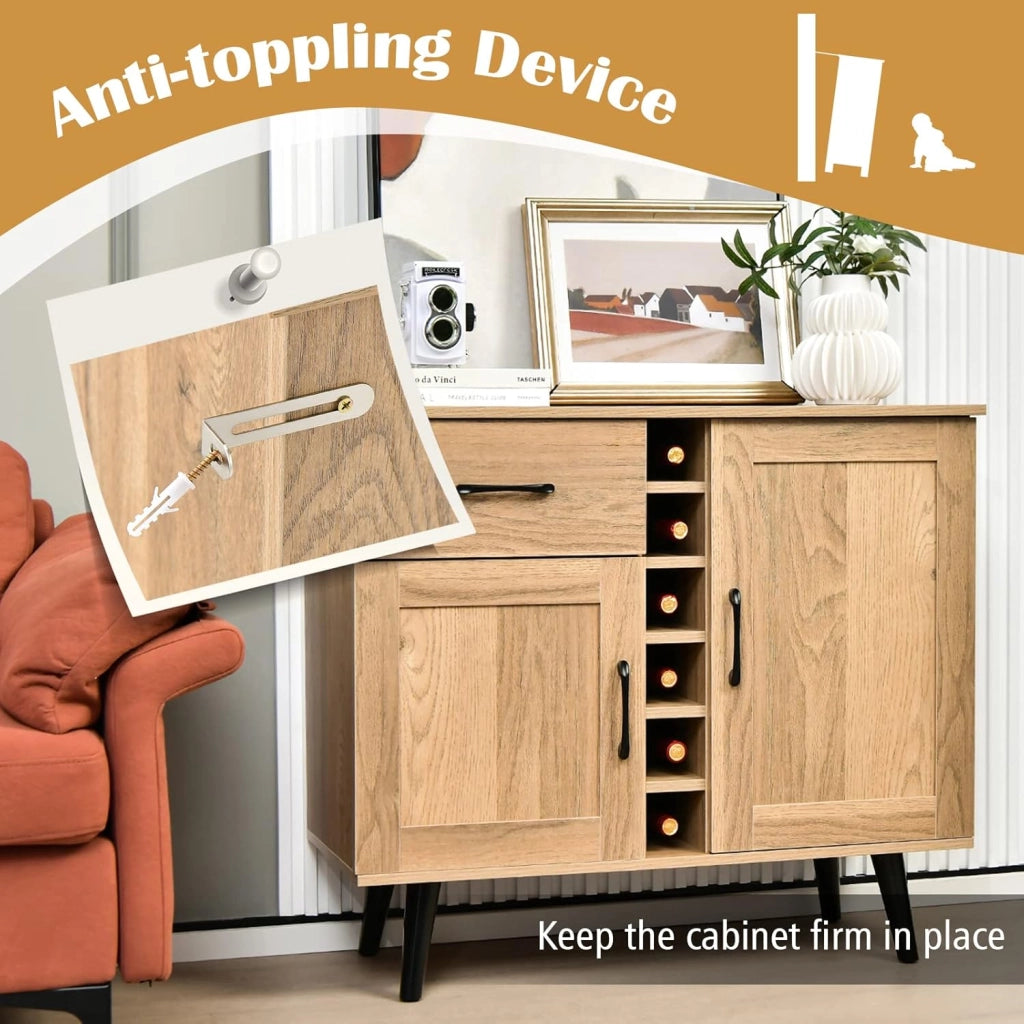 Credenza da Cucina con Porta Vino per 6 Bottiglie, 90 x 40 x 79 cm, Mobile da Bar con 2 Ante e 1 Cassetto, Ripiani Regolabili, per Sala da Pranzo e Soggiorno (Naturale)