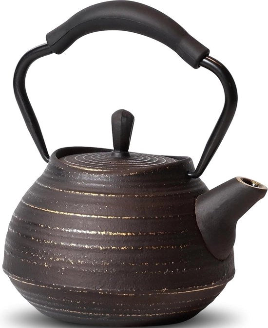 Pentola per Tè in Ottone da 650 ml con Infusore per Foglie Singole e Caffè - Sicura per Fiamma - Pentola per Tè Giapponese con Interno Smaltato - Maniglia in Gomma - 22 oz Nero