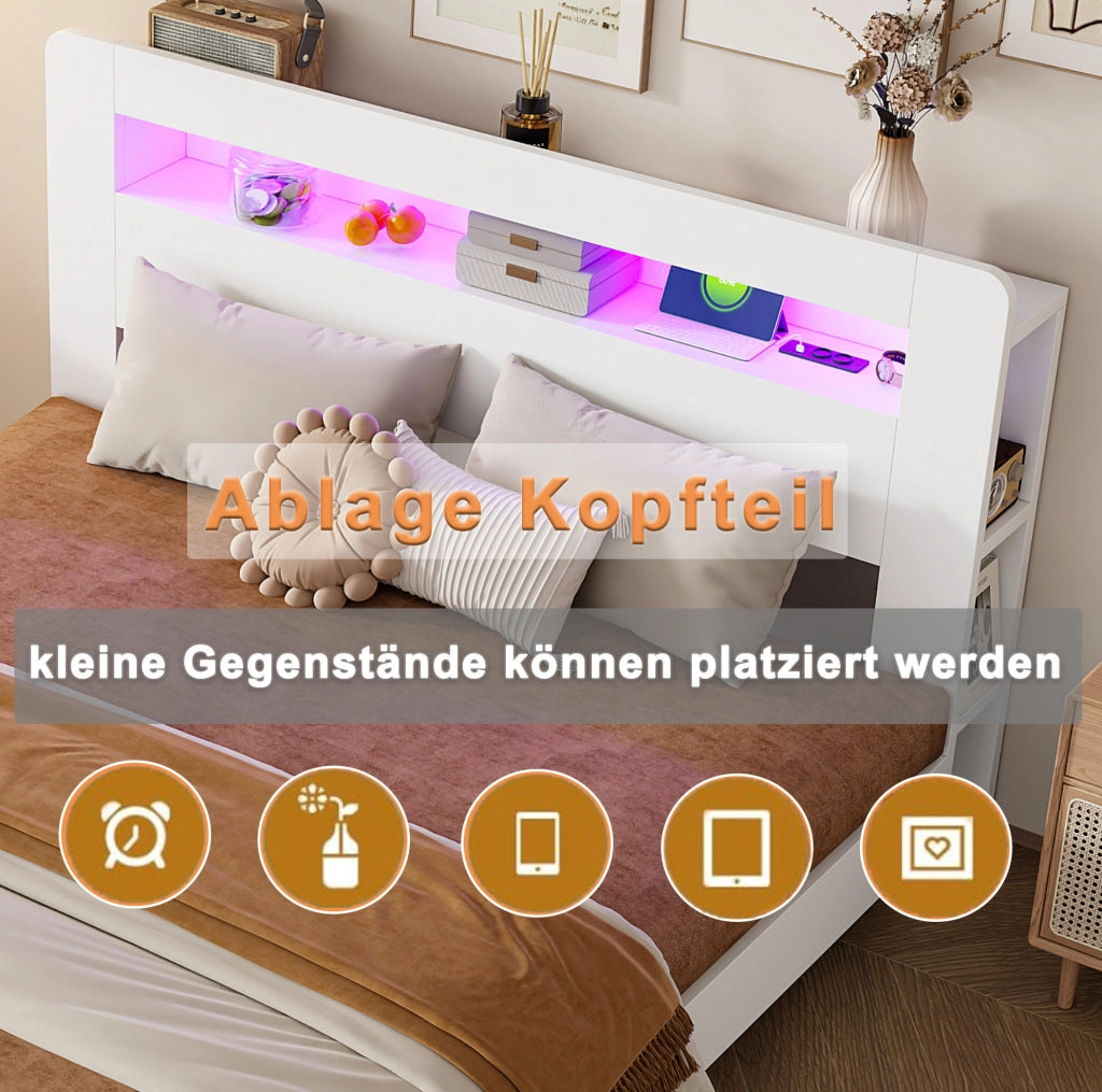 Letto matrimoniale multifunzione 140x200 cm in legno bianco con testiera contenitore; LED e prese integrate