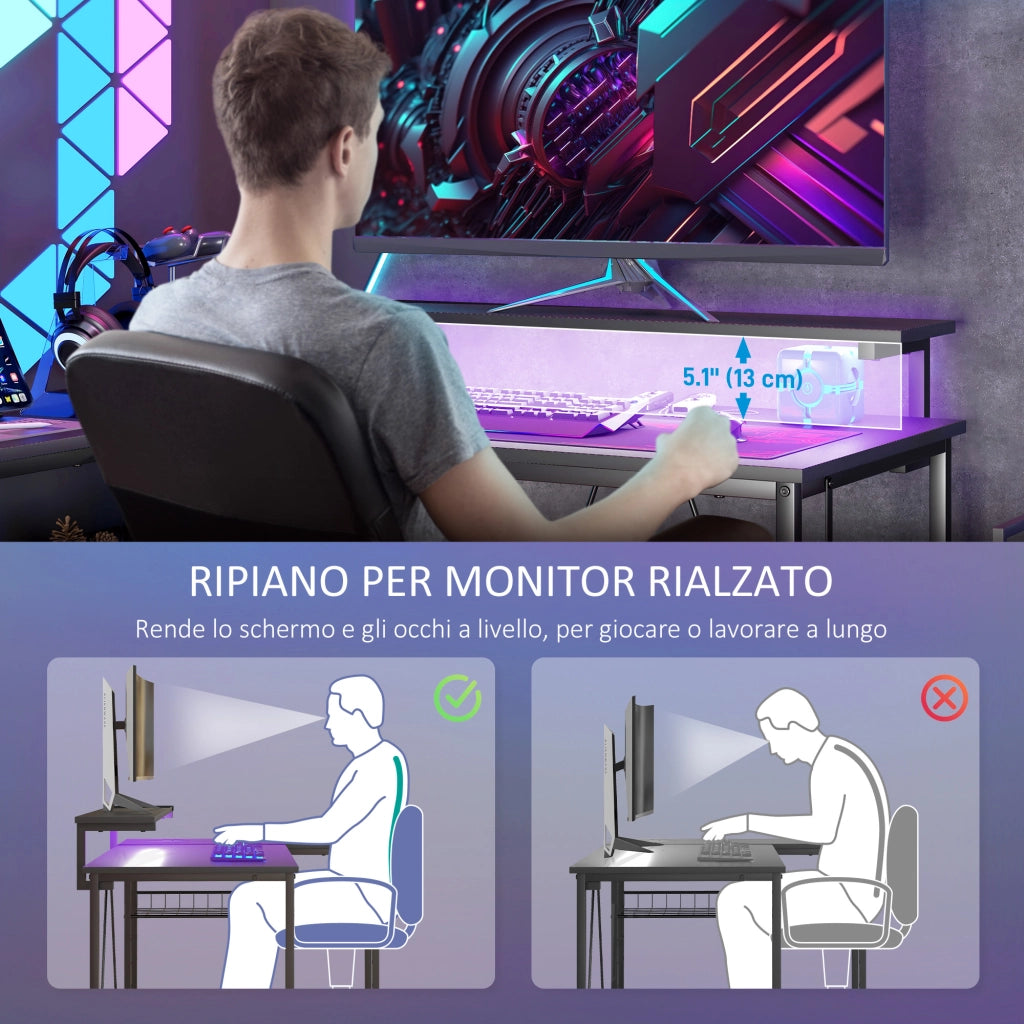 Scrivania Angolare con LED, Ripiani e Supporto Monitor ¨C Zephmum ¨C Nero