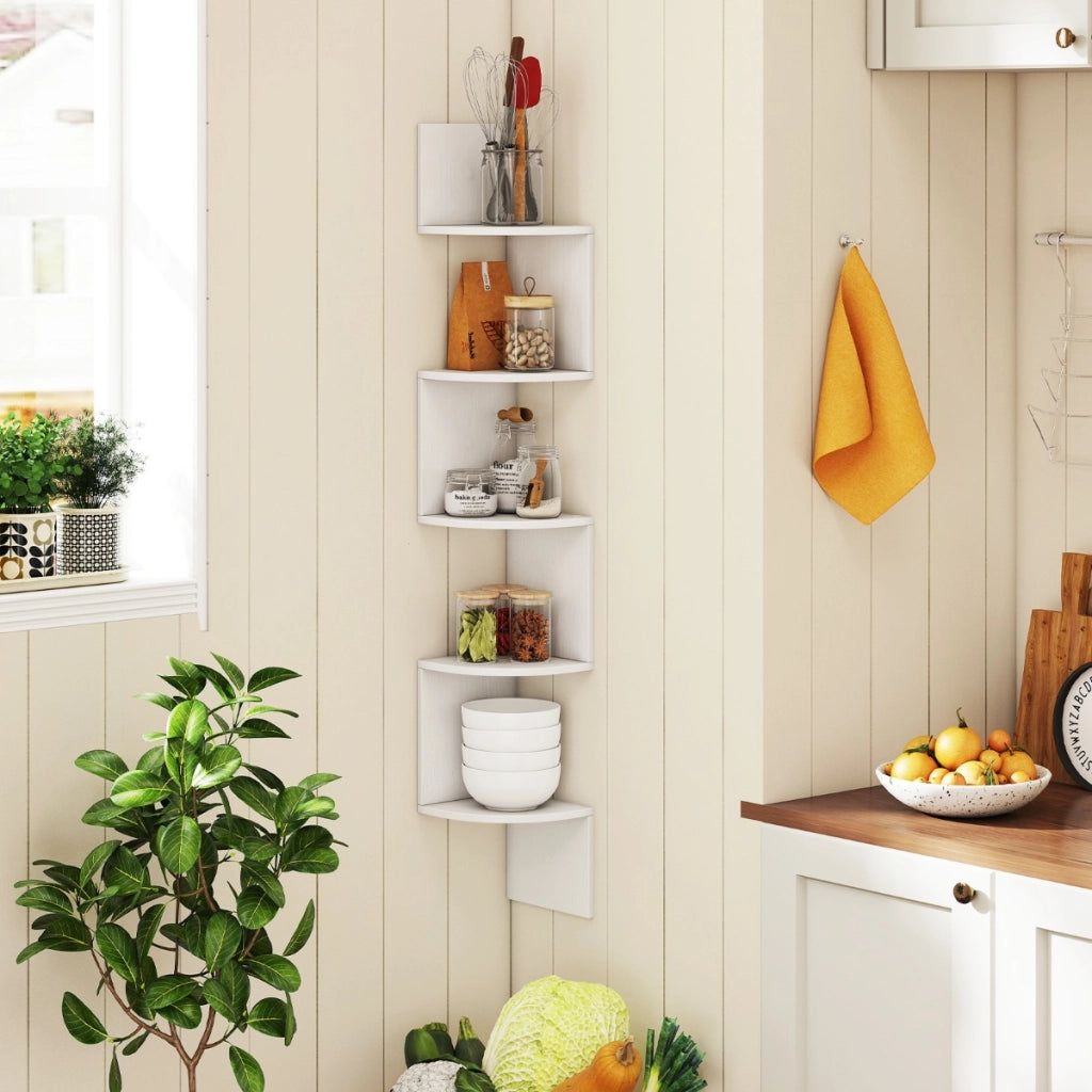 Scaffale sospeso a muro organizzatore di stoccaggio a parete-Scaffale angolare a 5 livelli espositore in legno per soggiorno Bianco
