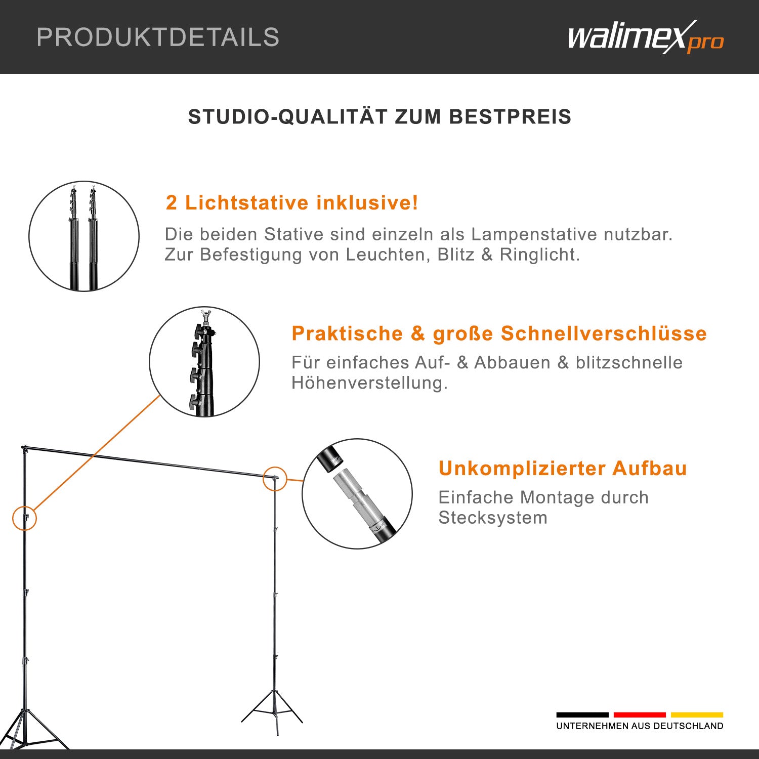 Sistema di sfondi XXL largo 190-465 cm, supporto per fondale fino a 400 cm di altezza, stativi per lampade con attacco spigot da 5/8", set di sfondi per fotografia, video e green screen