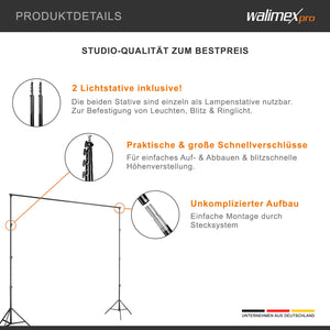 Sistema di sfondi XXL largo 190-465 cm, supporto per fondale fino a 400 cm di altezza, stativi per lampade con attacco spigot da 5/8", set di sfondi per fotografia, video e green screen