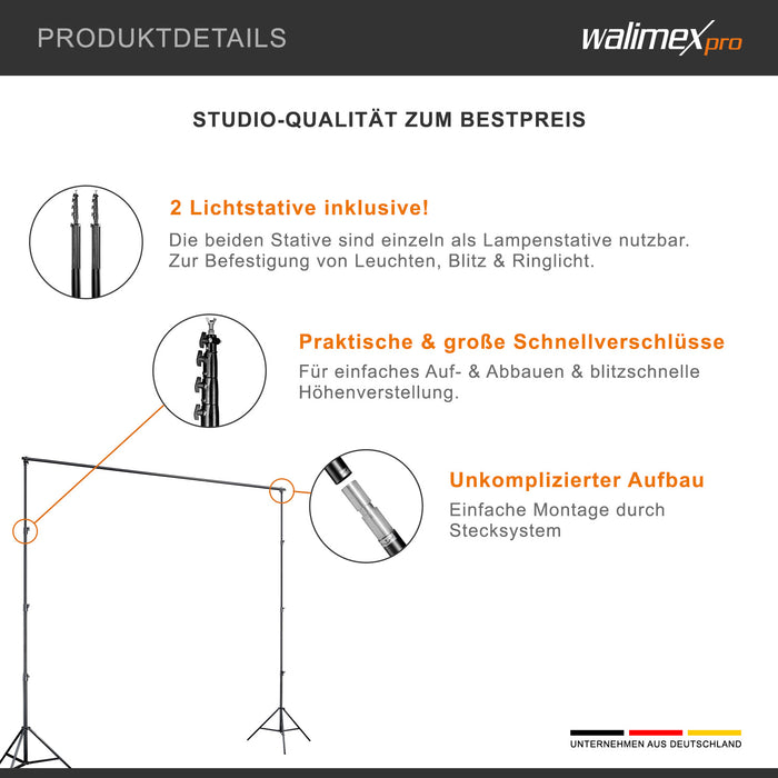 Sistema di sfondi XXL largo 190-465 cm, supporto per fondale fino a 400 cm di altezza, stativi per lampade con attacco spigot da 5/8", set di sfondi per fotografia, video e green screen