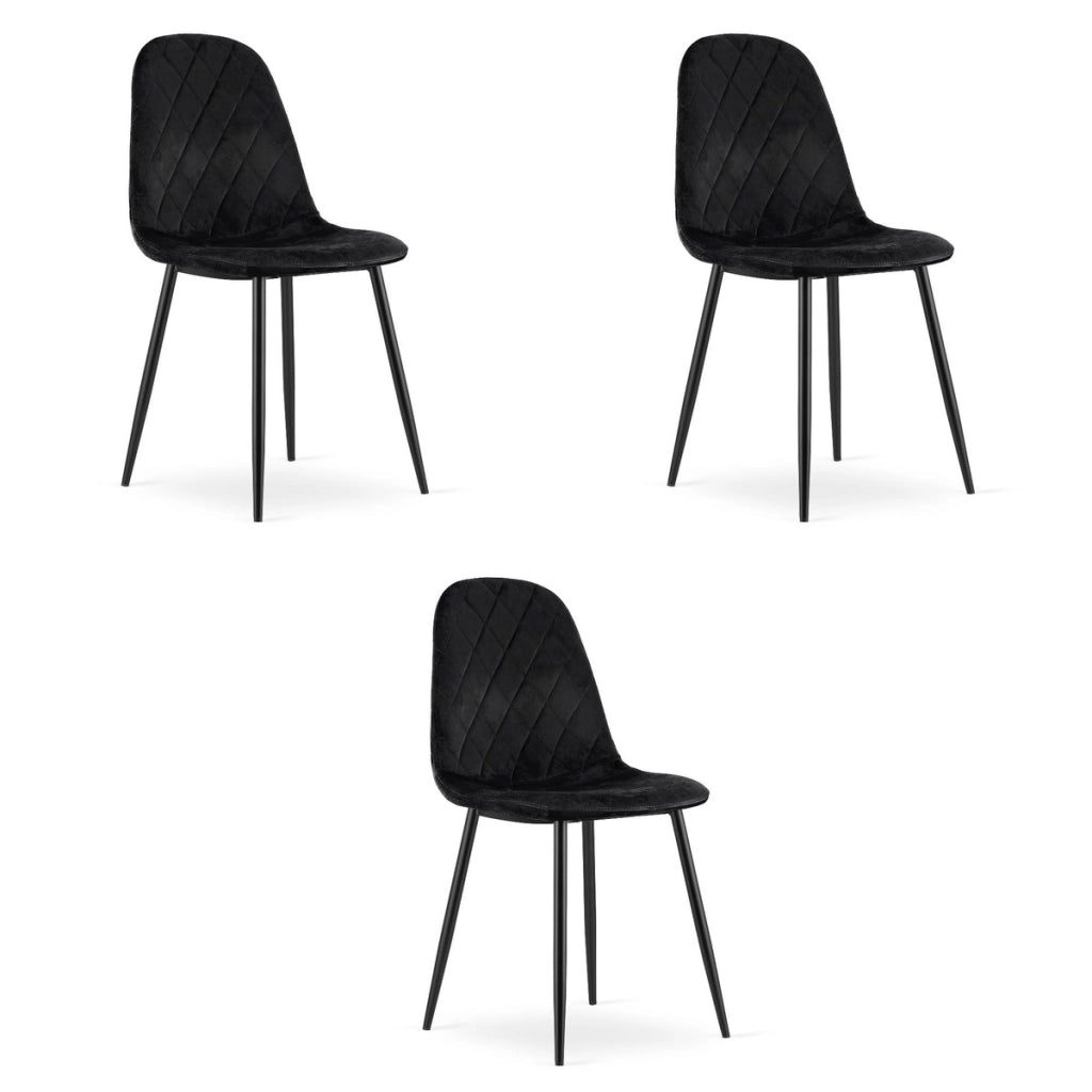 Set di 3 Sedie Asti in Velluto Nero e Metallo