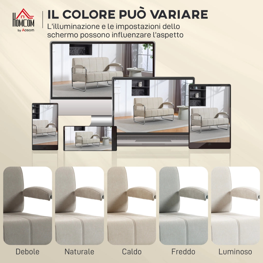 Divano 2 Posti Moderno 120x73x76 cm Rivestito in Ciniglia in Acciaio Beige