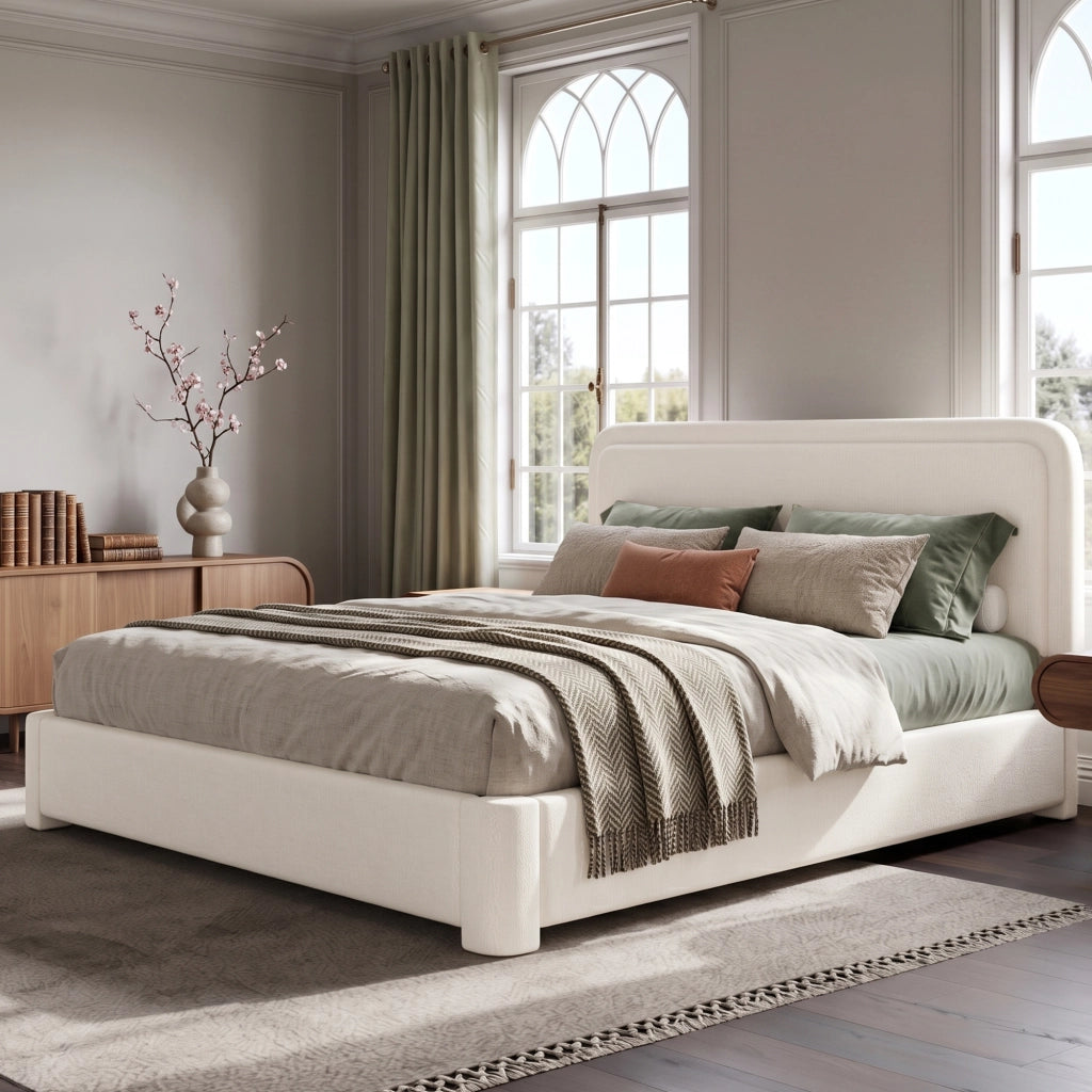 Letto matrimoniale imbottito 160x200 cm con rete a doghe, contenitore idraulico, testiera regolabile e rivestimento Bouclé bianco