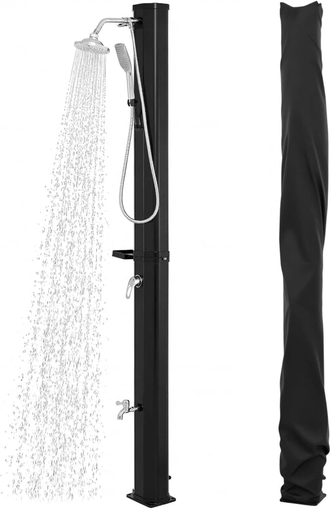 Doccia Solare da Giardino 35L con Soffione Girevole, Doccino e Rubinetto, Doccia da Esterno con Attacco per Tubo, Vassoio Portaoggetti e Copertura Protettiva, Fino a 60°C (Modello 3)