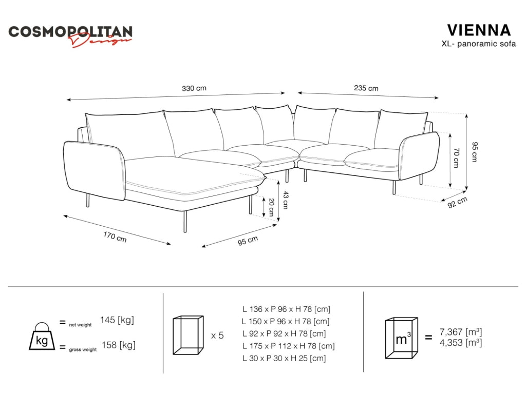 Cosmopolitan Design - Divano panoramico destro "Vienna" 7 posti in tessuto strutturato beige chiaro 