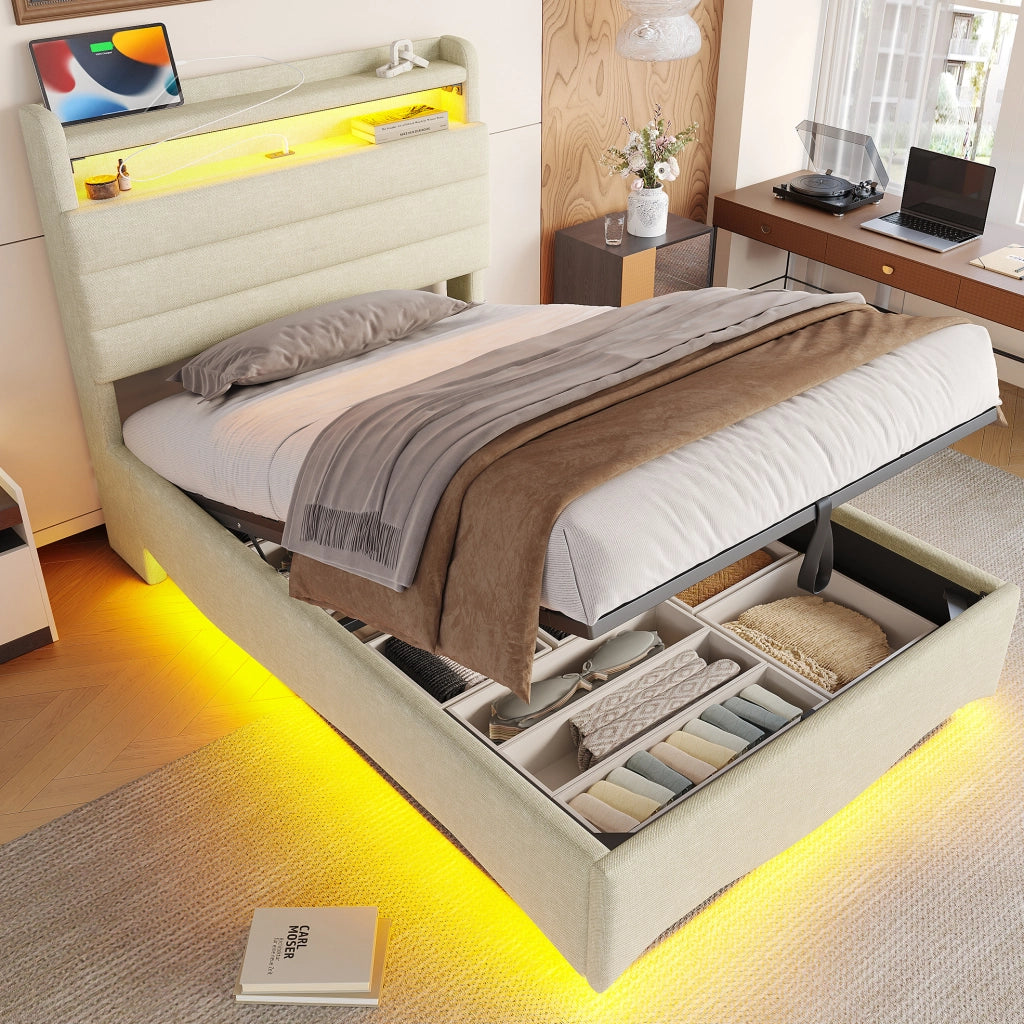 Letto imbottito 90x200 cm con LED, contenitore idraulico e porte USB/Type-C