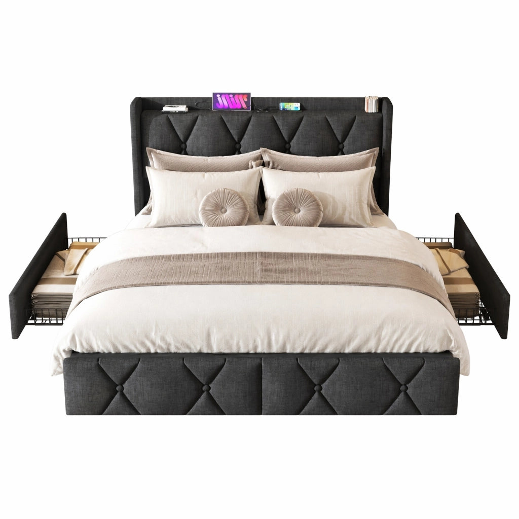 Letto contenitore matrimoniale 140x200 cm con 4 cassetti; USB e prese; grigio