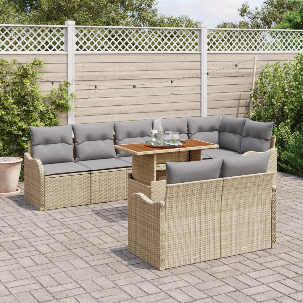 Set di Divani da Giardino 9 Pezzi con Cuscini Beige Polirattan Acacia