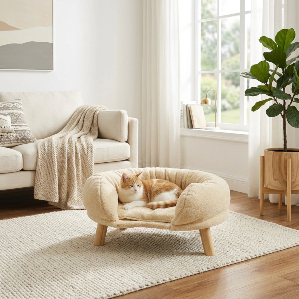 Tiragraffi per gatti con supporto ergonomico antiscivolo e silenzioso con bordo rialzato in poliestere beige 50 × 40 × 12,5 cm