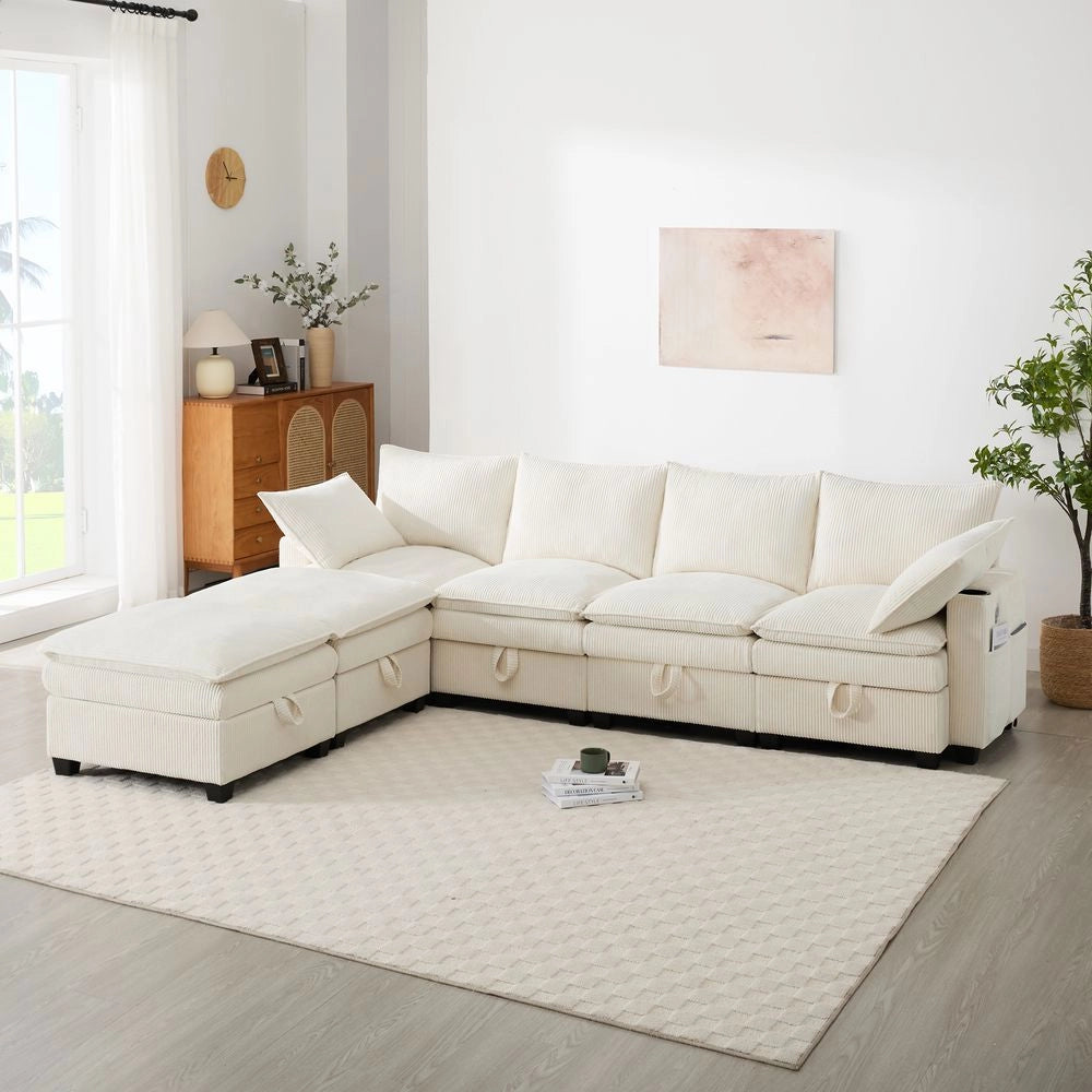 Divano moderno a L - Xylo - Velluto, USB, poggiapiedi, ripostiglio, beige
