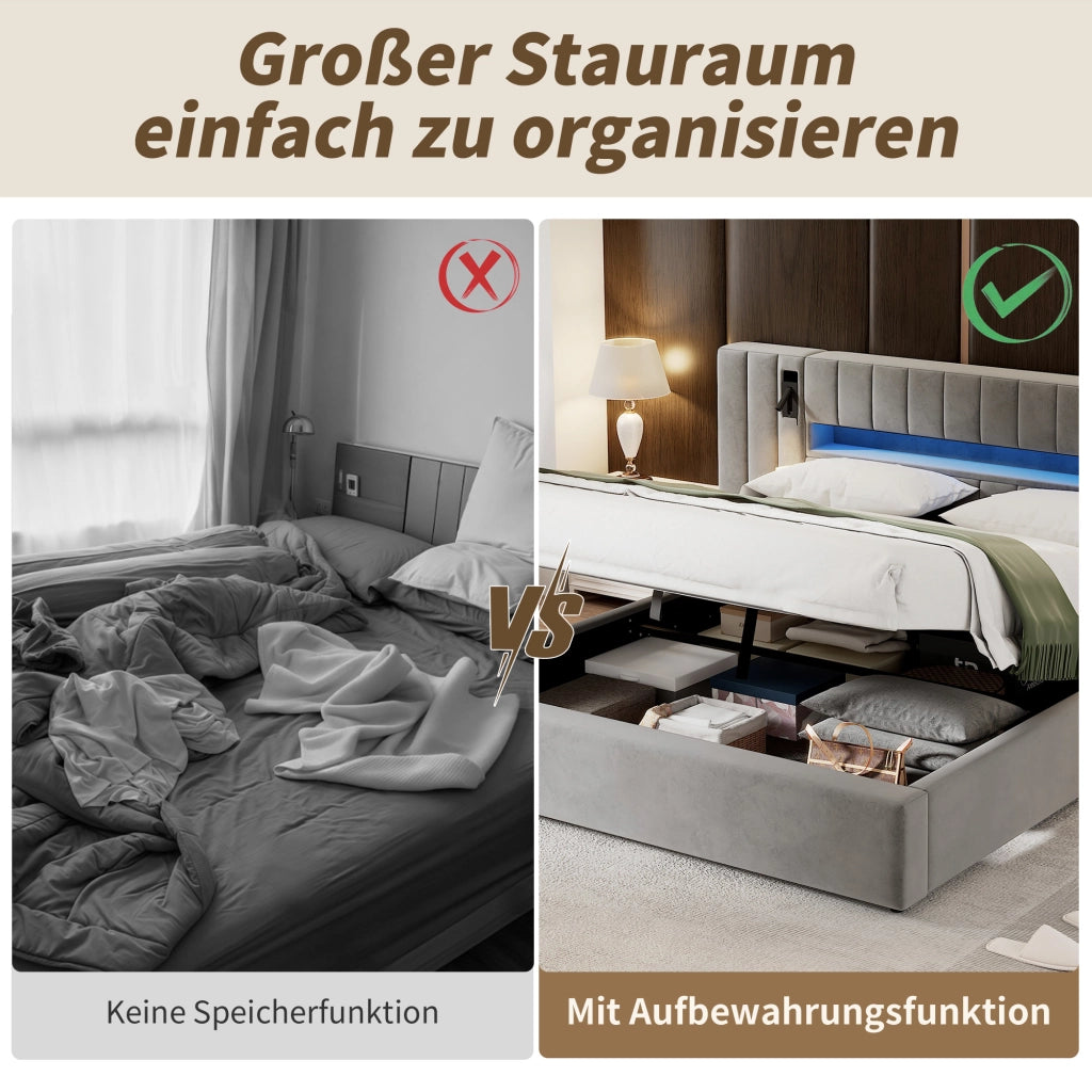 Letto Contenitore 180x200 cm; Letto Matrimoniale con USB-A e USB-C; LED Regolabile