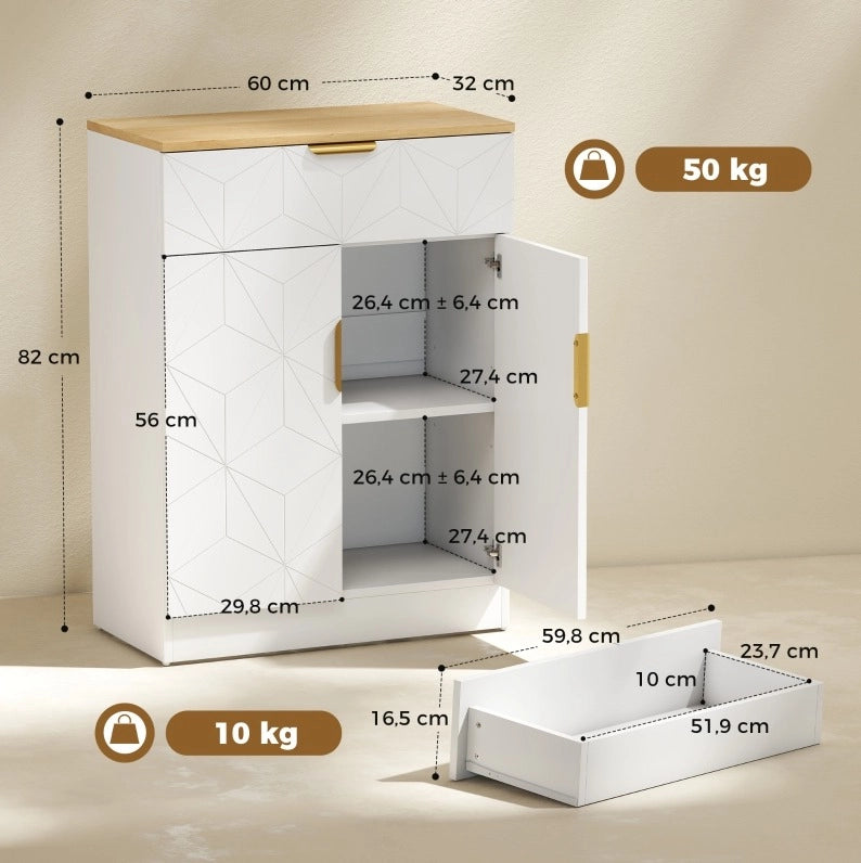 Sideboard moderno bianco con cassetto e ripiani regolabili 82x60x32 cm