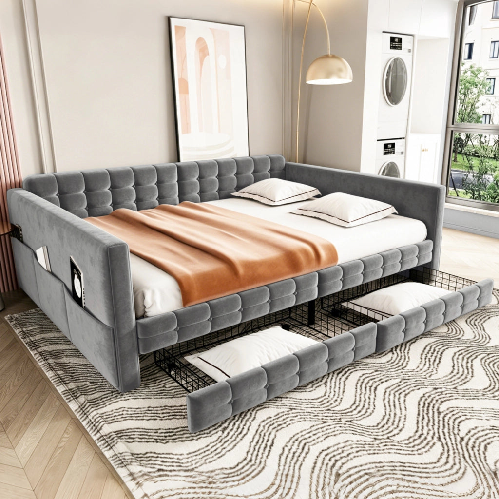 Letto Divano 2 posti con 2 cassetti e 4 tasche portaoggetti 140×190 cm; senza materasso; grigio