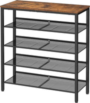 Scaffale per scarpe a 5 livelli con 4 pannelli in rete e coperchio superiore ampio per borse - Stile rustico marrone e nero