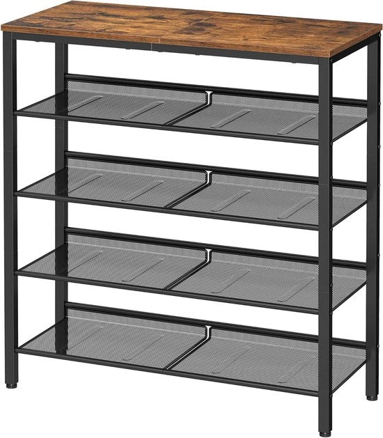 Scaffale per scarpe a 5 livelli con 4 pannelli in rete e coperchio superiore ampio per borse - Stile rustico marrone e nero