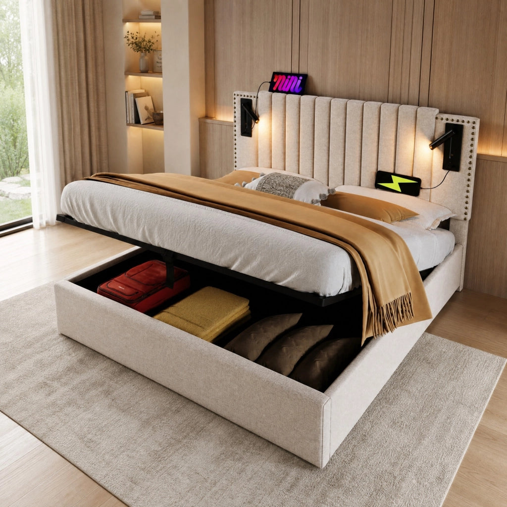 Letto matrimoniale contenitore 140x200 cm in cotone beige con testiera regolabile; luci lettura e USB