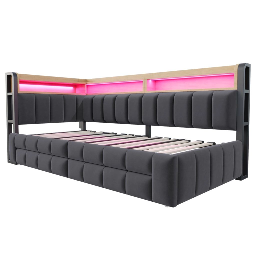 Letto a Divanetto 90x200 cm e 180x200 cm; Matrimoniale - USB; Type-C; LED; Cassetti
