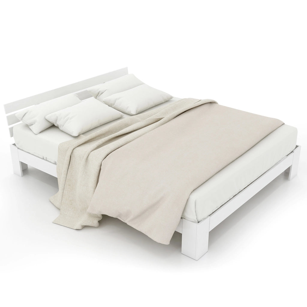 Letto Matrimoniale 140 x 200 cm - Testiera e Rete a Doghe - in Legno Massello - Bianco