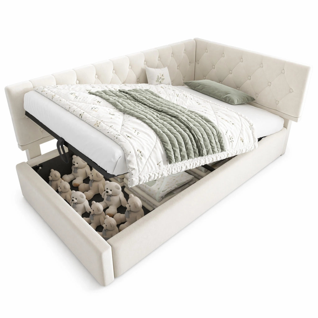 Letto imbottito con contenitore idraulico 90x200 cm in velluto beige