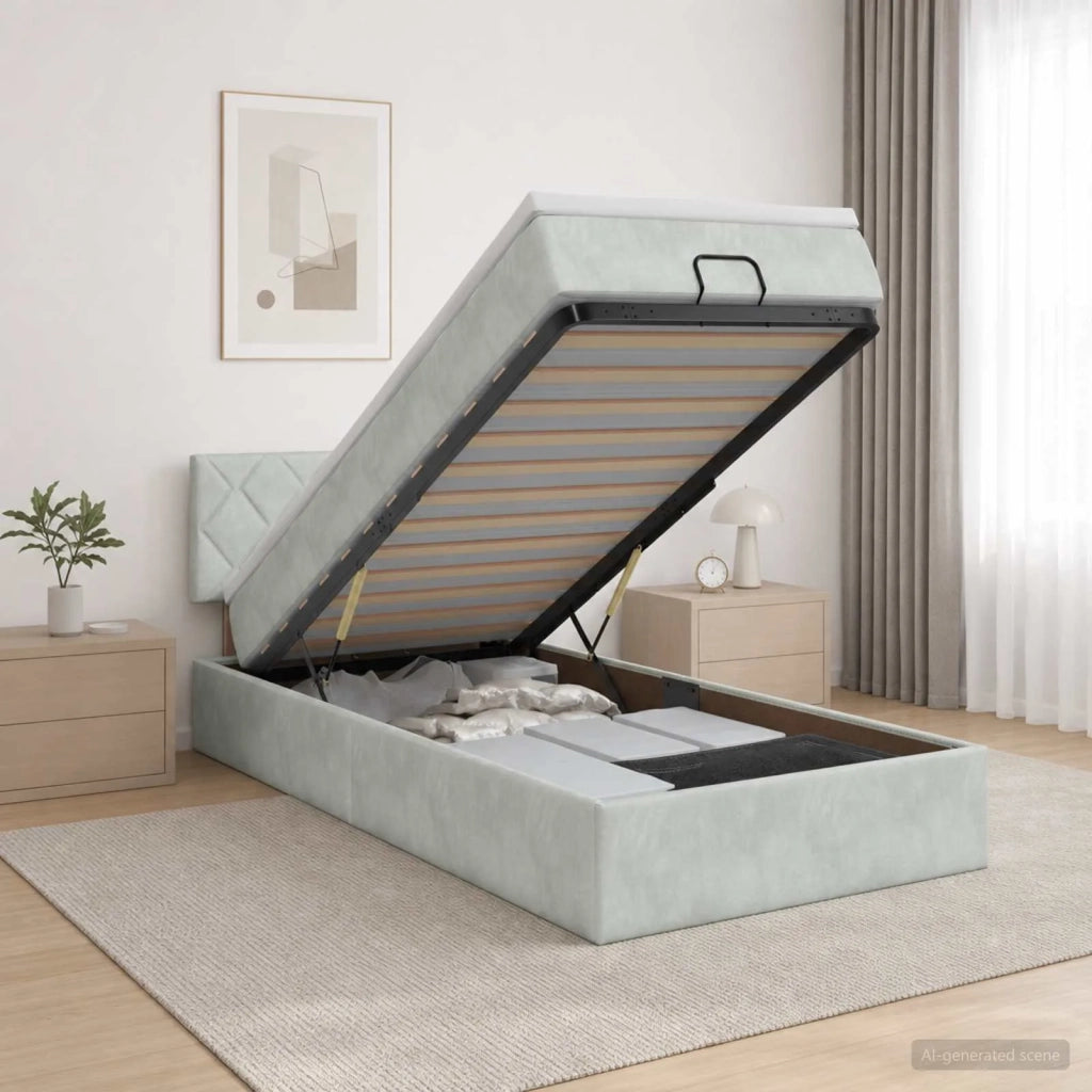 Letto Ottomano con Materasso e LED Grigio Chiaro 90 x 190 cm 3457179