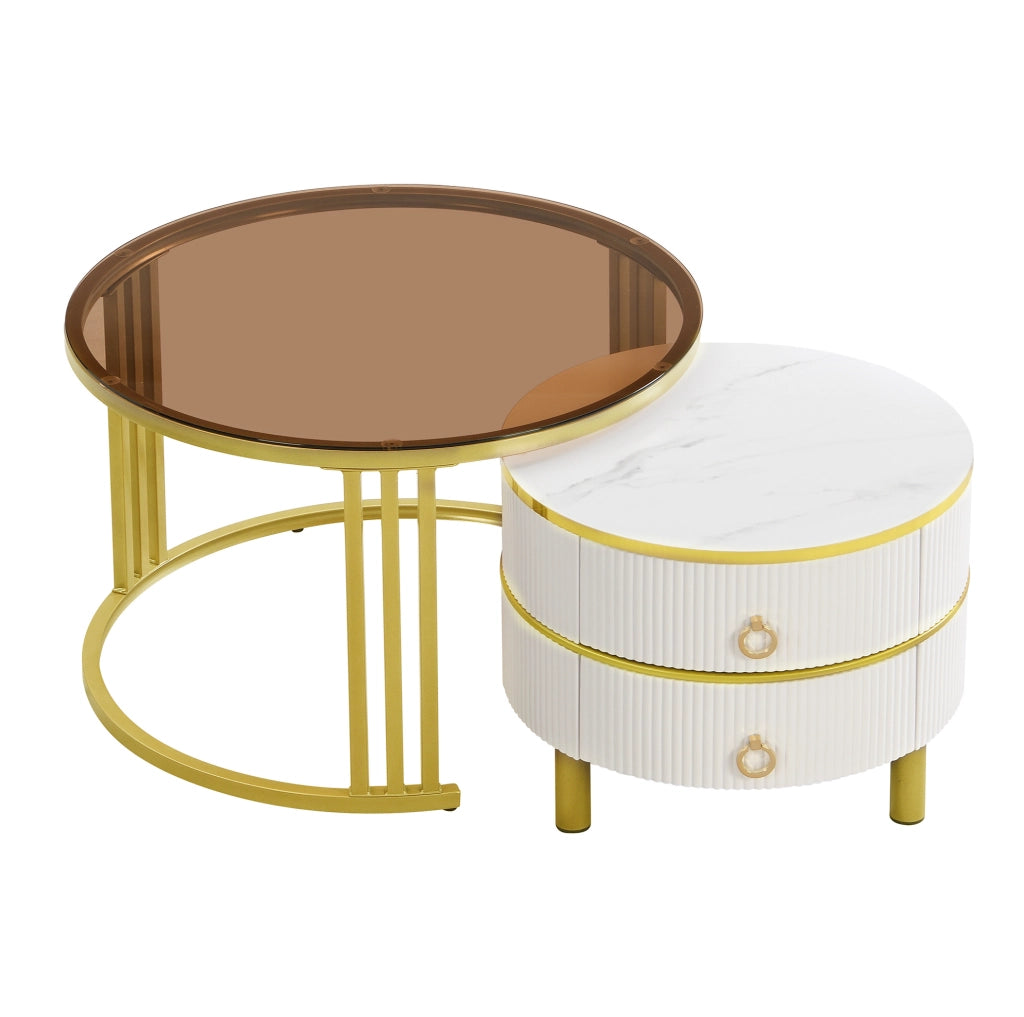 Set di 2 tavolini da caffè rotondi con 2 cassetti 70x70x45/50x50x40 cm MDF bianco e vetro marrone