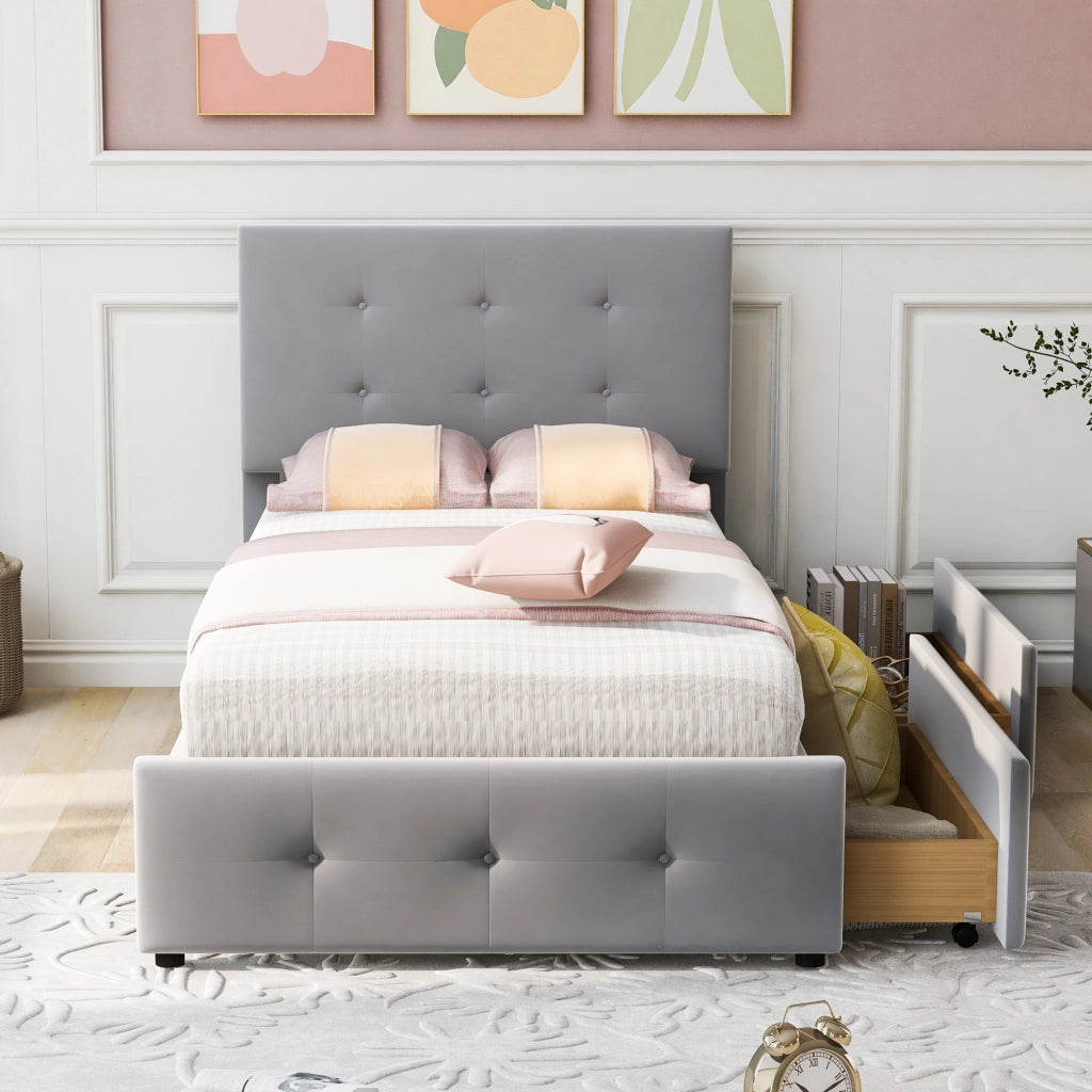 OKWISH Letto con Cassetto 90×200 cm, Letto Singolo con Cassetto, Testiera Regolabile e Rivestimento in Velluto, senza Materasso, Grigio