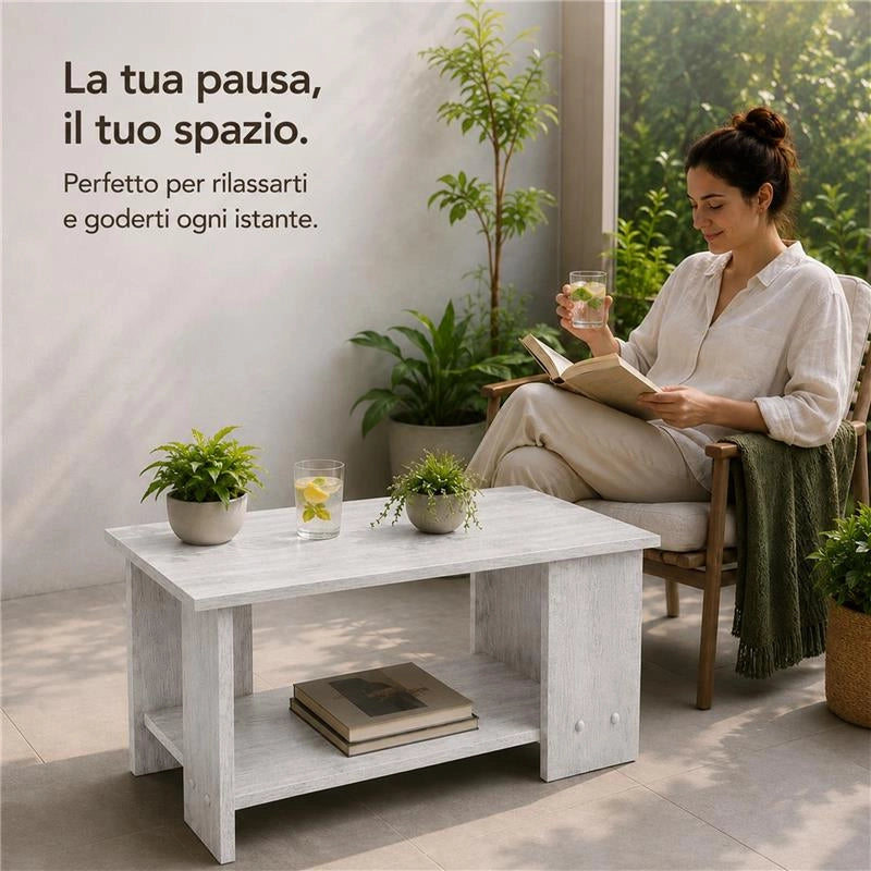 TAVOLO DA CAFFÈ IN LEGNO BIANCO CON RIPIANO E 4 SUPPORTI DIMENSIONI 89X48X42CM