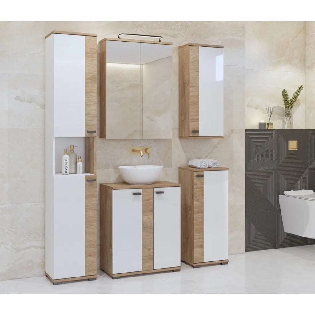 Colonna da bagno collezione BALEA - 2 porte e 1 nicchia, colore bianco e rovere